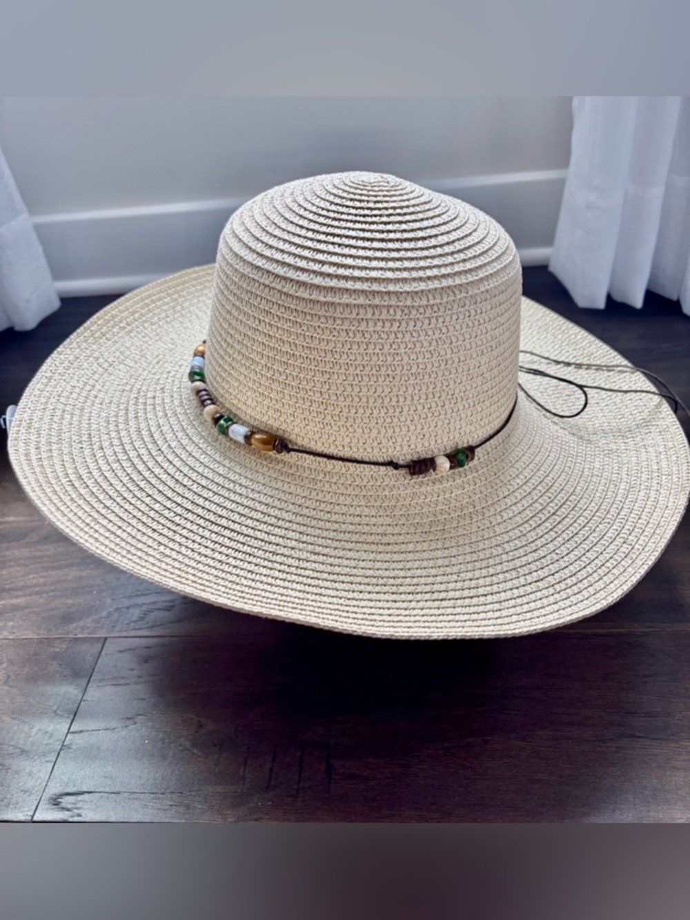 Floppy Straw Hat Natural color, elastic chin band, leather roping with beading